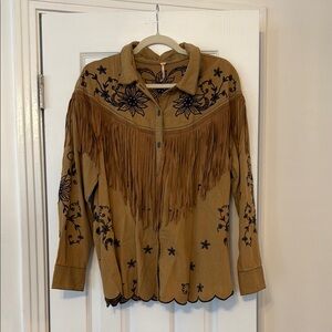 Free People Tan and Black Button Down Shirt with Fringe
